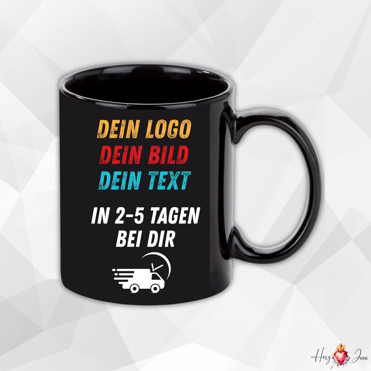 Personalisierte Fototasse Logo Werbeartikel schwarze Tasse bedrucken Fotogeschenke Weihnachtstasse_0084T - Herz Jesu