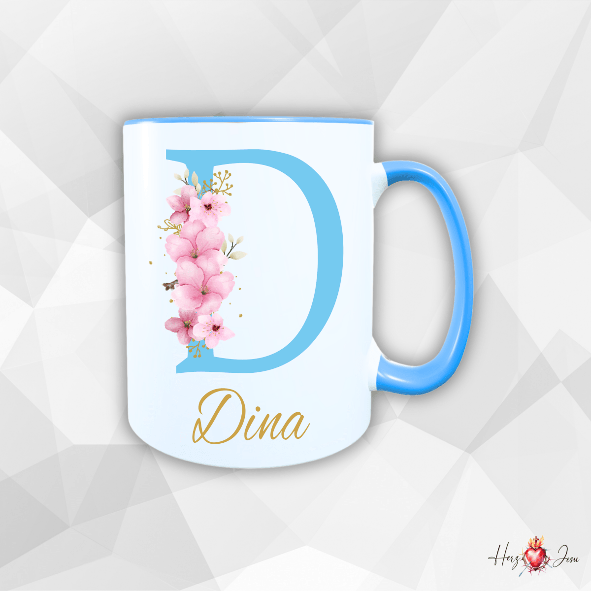 Personalisierte Keramik Tasse mit deinem Namen Blumen Motiv_0034T - Herz Jesu