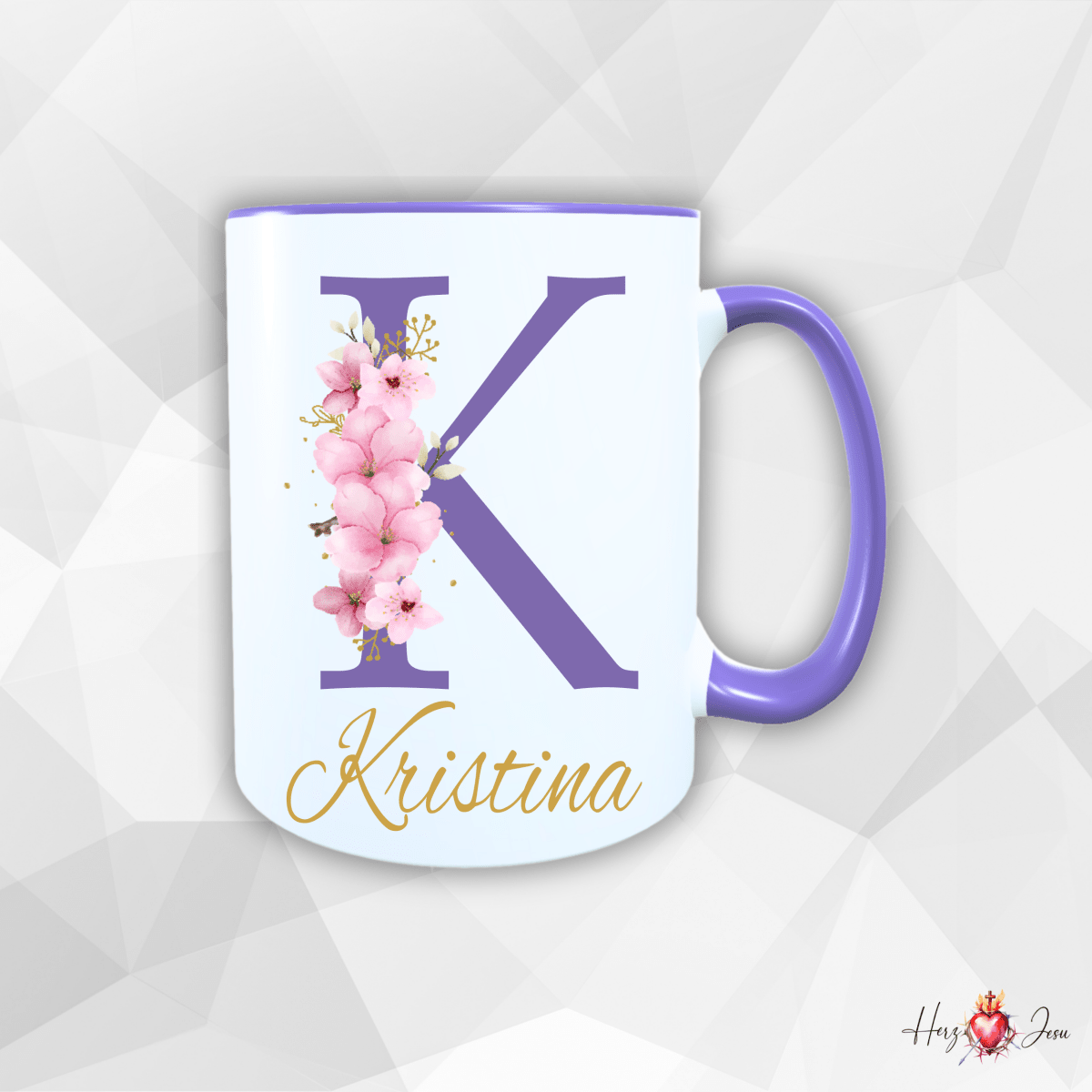 Personalisierte Keramik Tasse mit deinem Namen Blumen Motiv_0034T - Herz Jesu