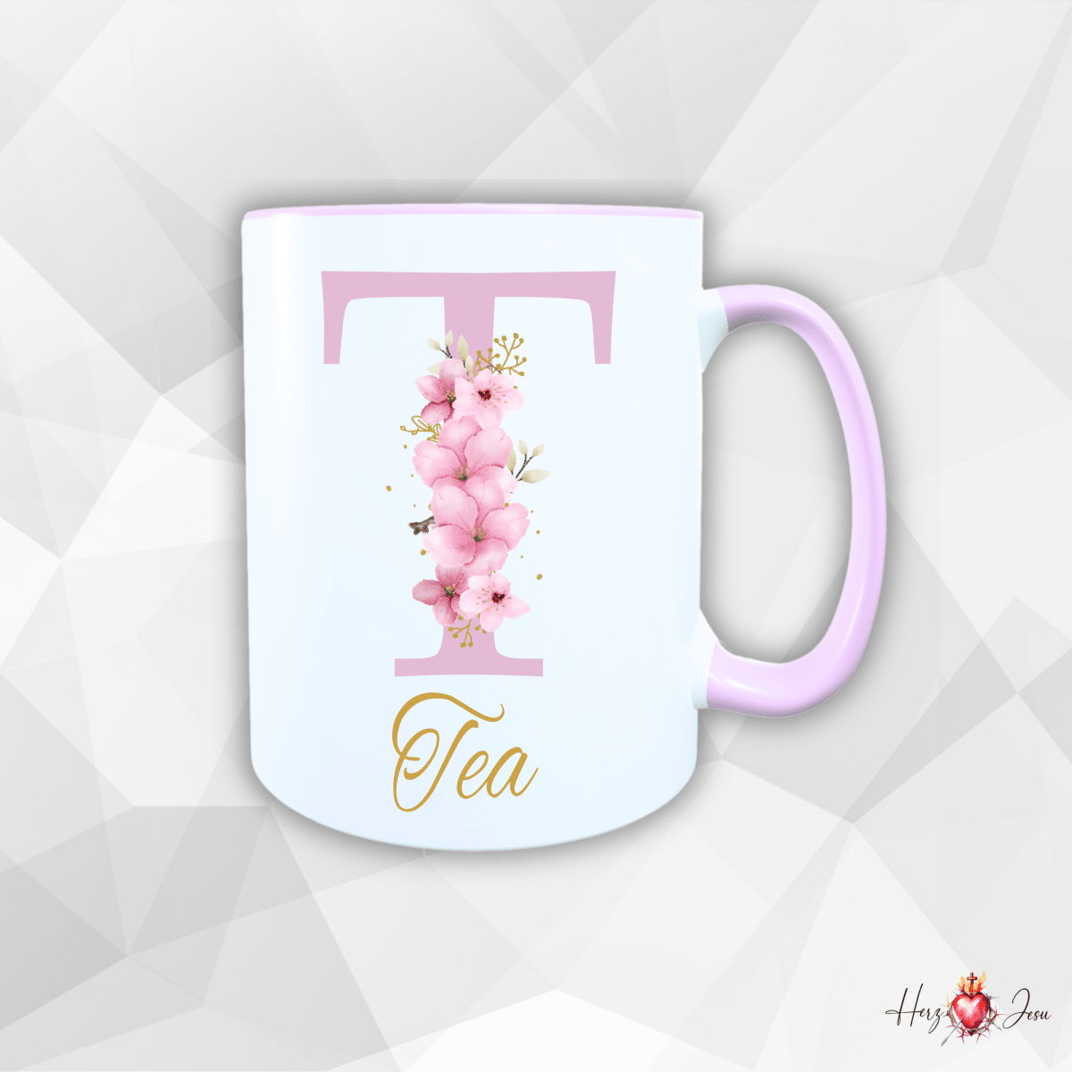 Personalisierte Keramik Tasse mit deinem Namen Blumen Motiv_0034T - Herz Jesu