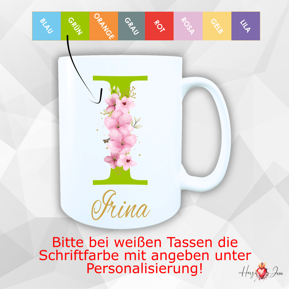 Personalisierte Keramik Tasse mit deinem Namen Blumen Motiv_0034T - Herz Jesu