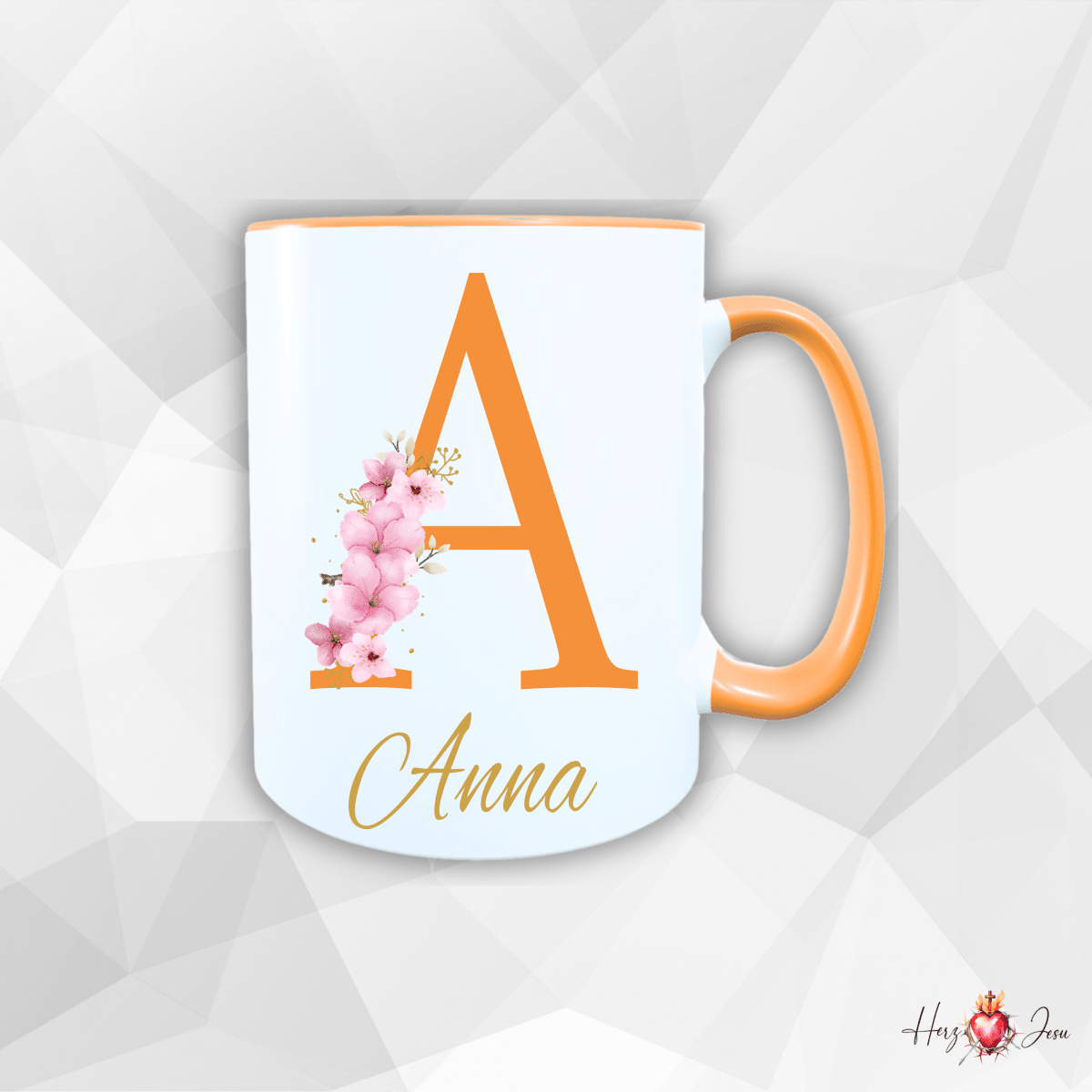 Personalisierte Keramik Tasse mit deinem Namen Blumen Motiv_0034T - Herz Jesu