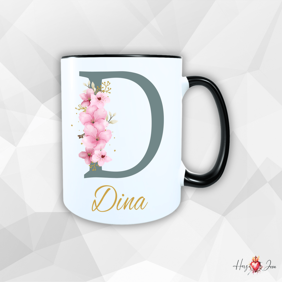 Personalisierte Keramik Tasse mit deinem Namen Blumen Motiv_0034T - Herz Jesu