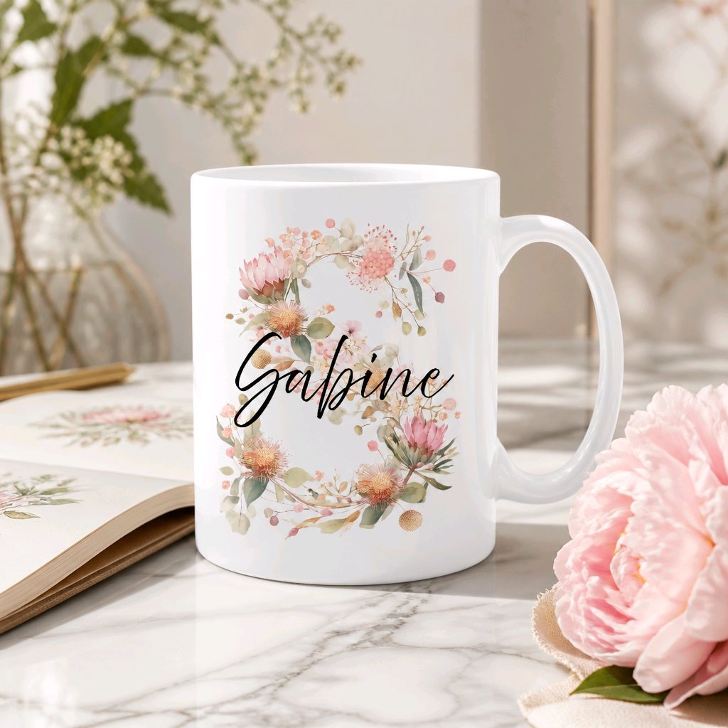 Personalisierte Keramik Tasse mit deinem Namen Blumen Motiv_0103T - Herz Jesu