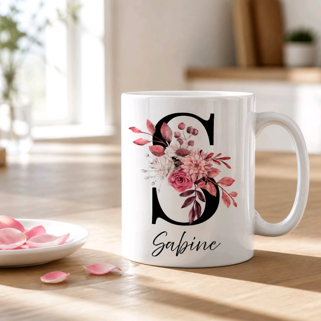 Personalisierte Keramik Tasse mit deinem Namen Blumen Motiv_0104T - Herz Jesu