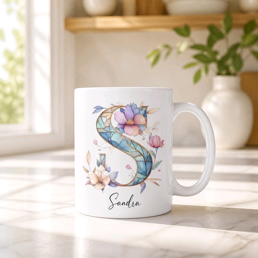 Personalisierte Keramik Tasse mit deinem Namen Blumen Motiv_0106T - Herz Jesu