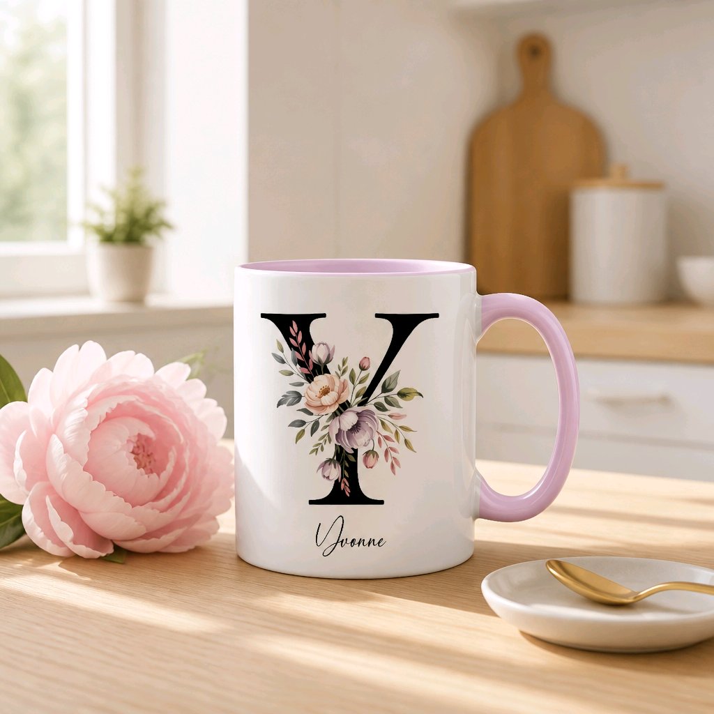 Personalisierte Keramik Tasse mit deinem Namen Blumen Motiv_0107T - Herz Jesu