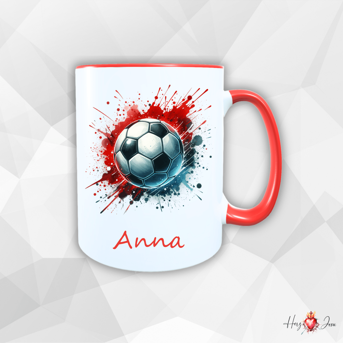 Personalisierte Keramik Tasse mit deinem Namen Fußball Kindertasse_0078T - Herz Jesu