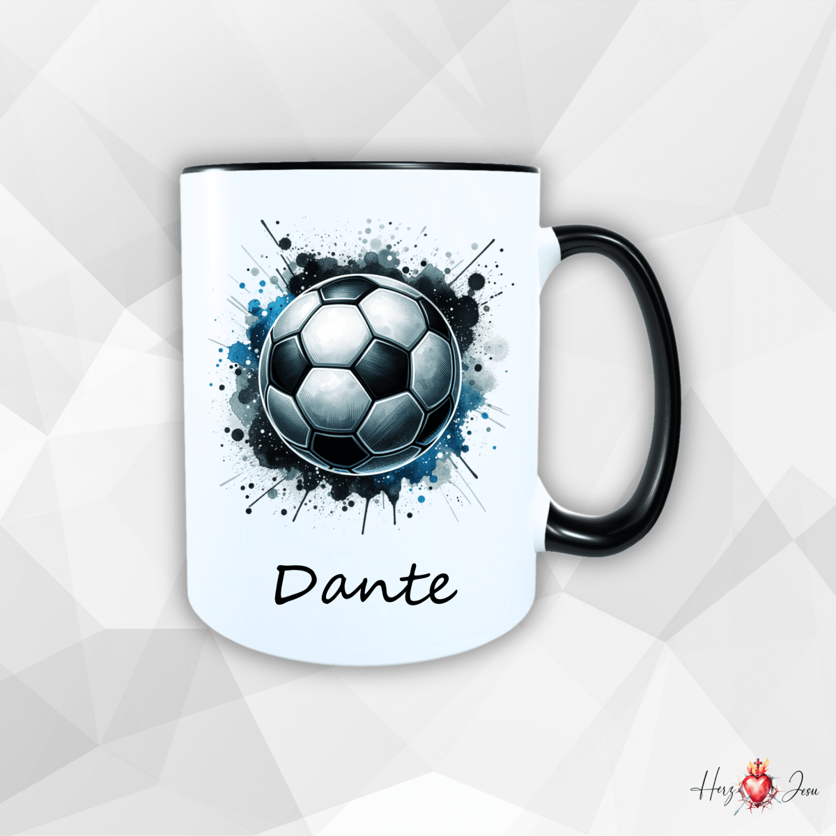 Personalisierte Keramik Tasse mit deinem Namen Fußball Kindertasse_0078T - Herz Jesu