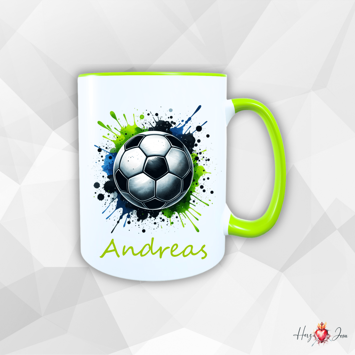 Personalisierte Keramik Tasse mit deinem Namen Fußball Kindertasse_0078T - Herz Jesu