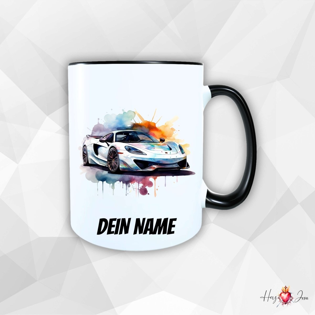 Personalisierte Keramik Tasse mit Namen – Auto Sportwagen Motiv | Geschenkidee für Kinder & Schulanfänger_0090T - Herz Jesu