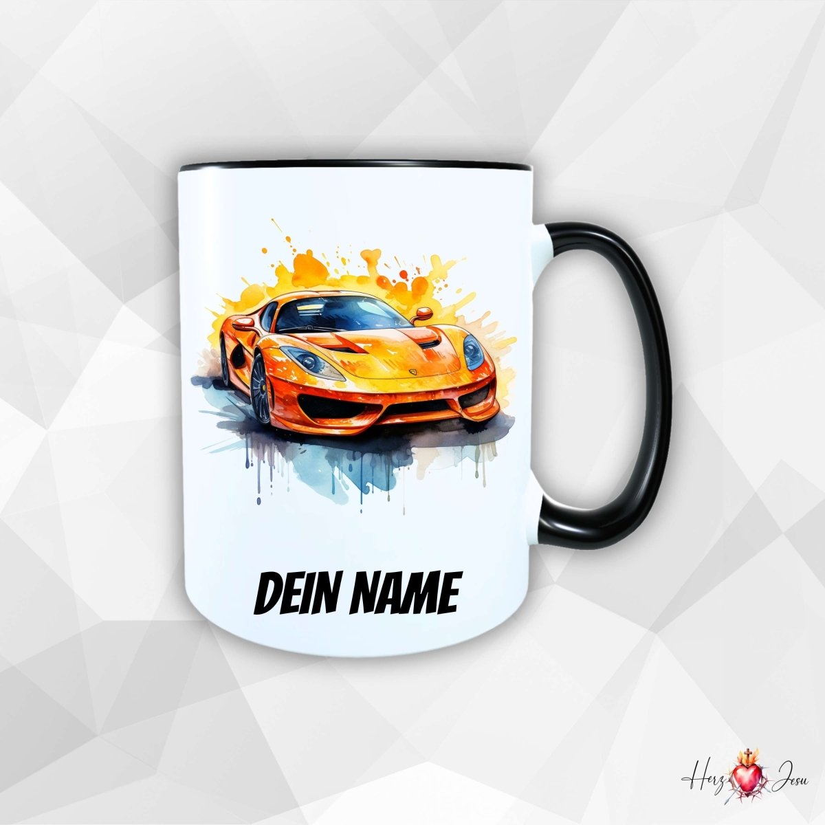 Personalisierte Keramik Tasse mit Namen – Auto Sportwagen Motiv | Geschenkidee für Kinder & Schulanfänger_0090T - Herz Jesu