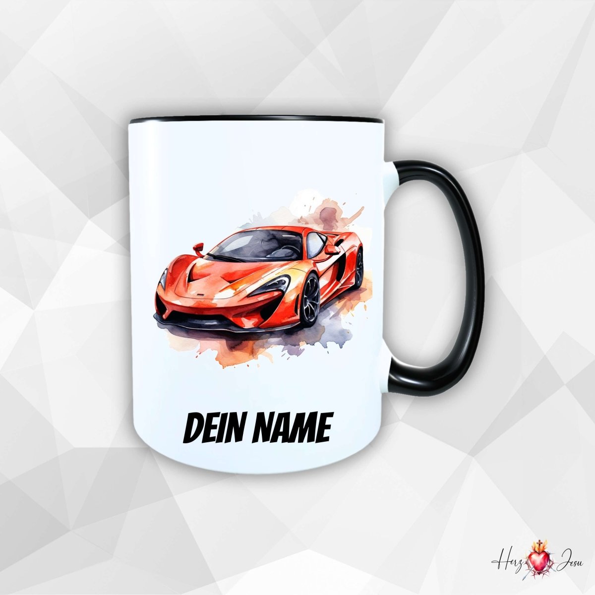 Personalisierte Keramik Tasse mit Namen – Auto Sportwagen Motiv | Geschenkidee für Kinder & Schulanfänger_0090T - Herz Jesu