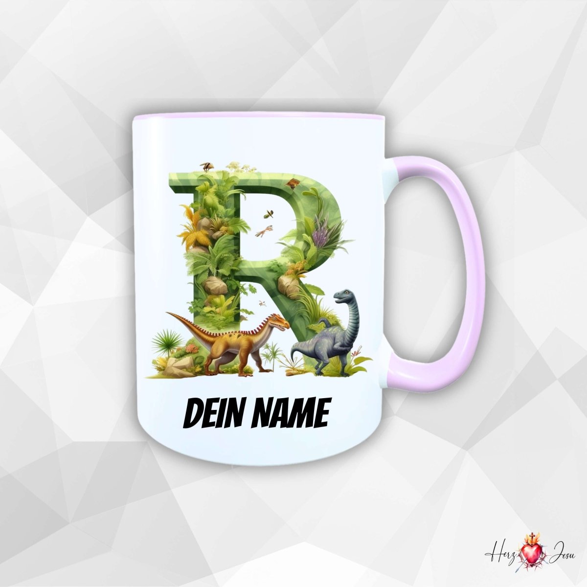 Personalisierte Keramik Tasse mit Namen – Dinosaurier Motiv | Geschenkidee für Kinder & Schulanfänger_0053T - Herz Jesu