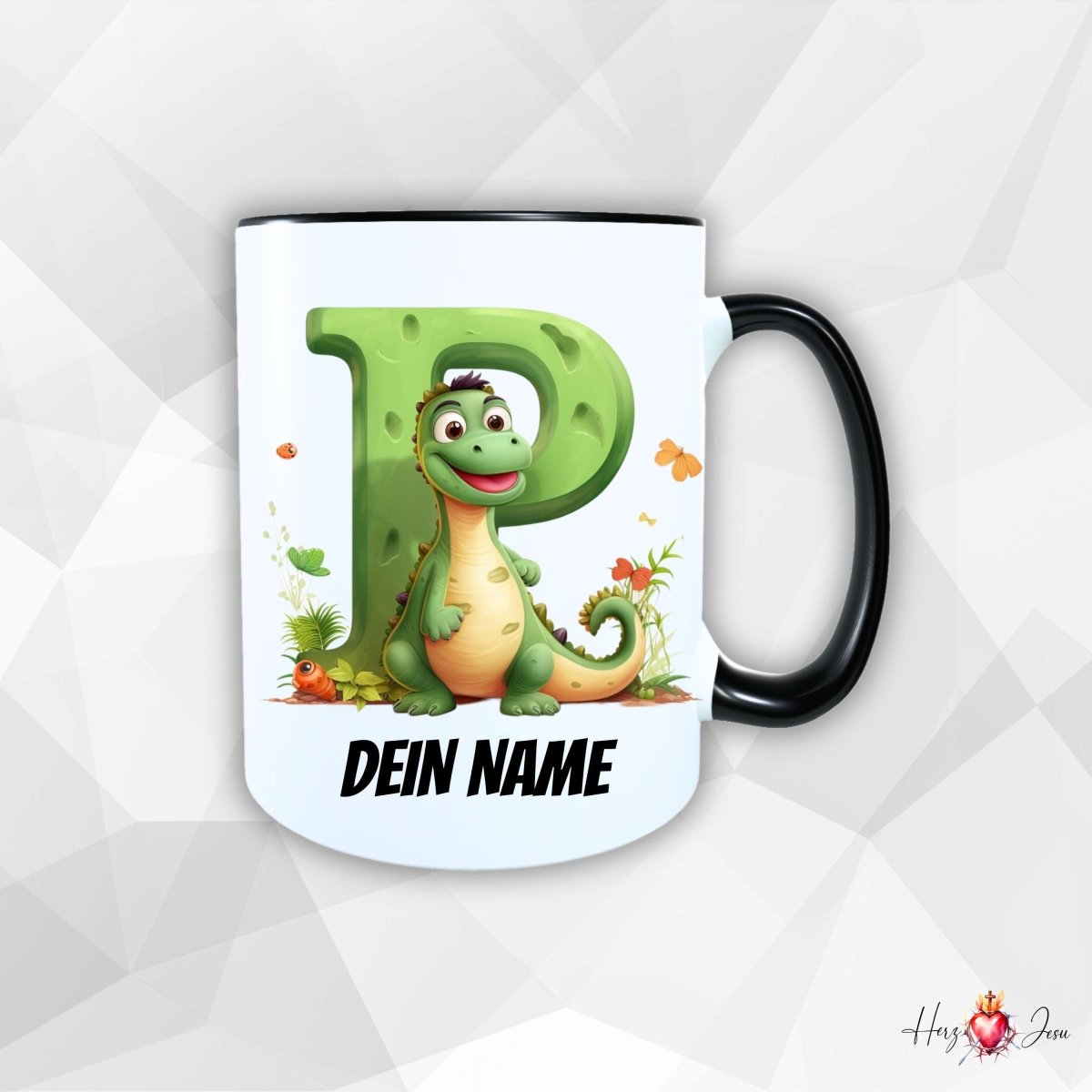 Personalisierte Keramik Tasse mit Namen – Dinosaurier Motiv | Geschenkidee für Kinder & Schulanfänger_0053T - Herz Jesu