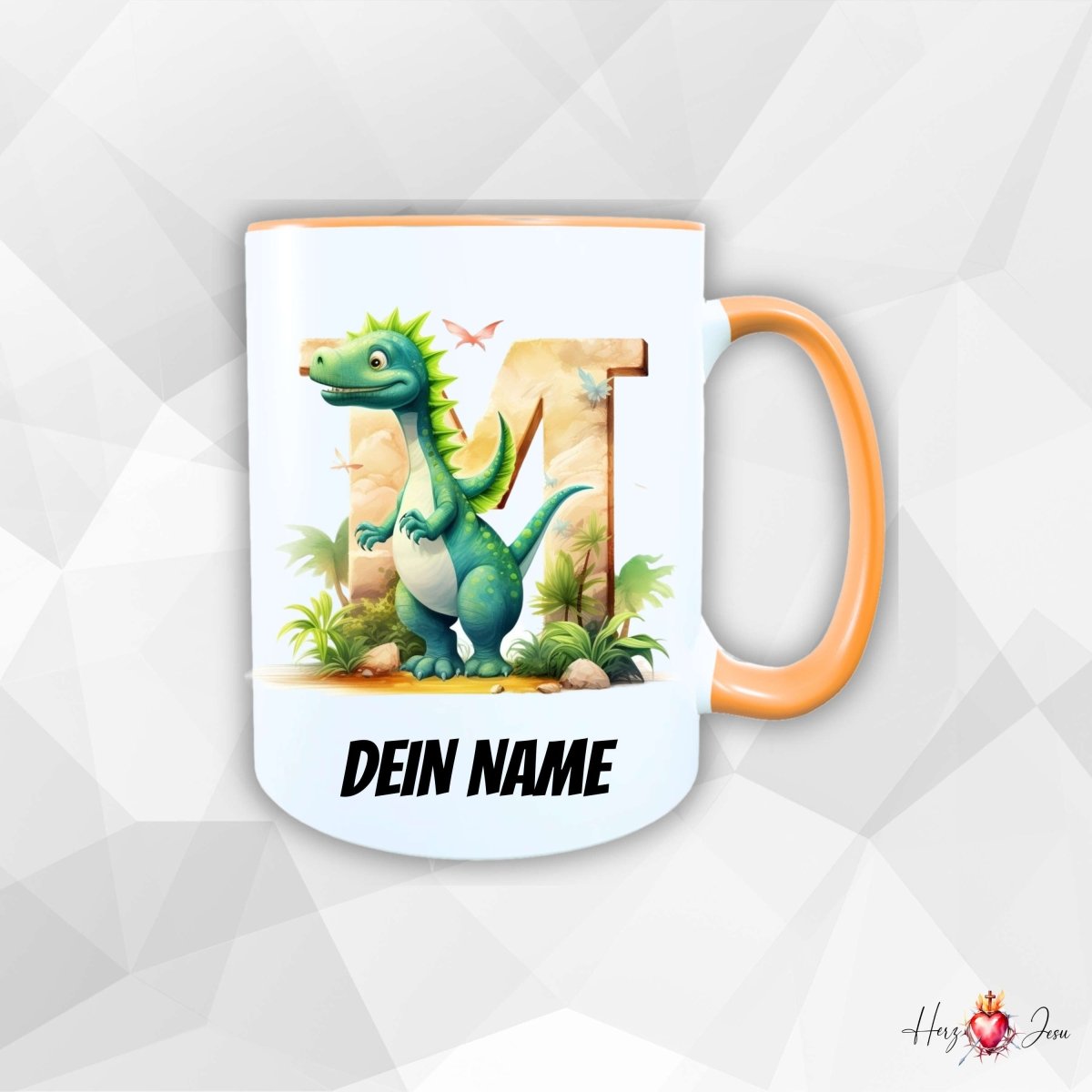 Personalisierte Keramik Tasse mit Namen – Dinosaurier Motiv | Geschenkidee für Kinder & Schulanfänger_0053T - Herz Jesu