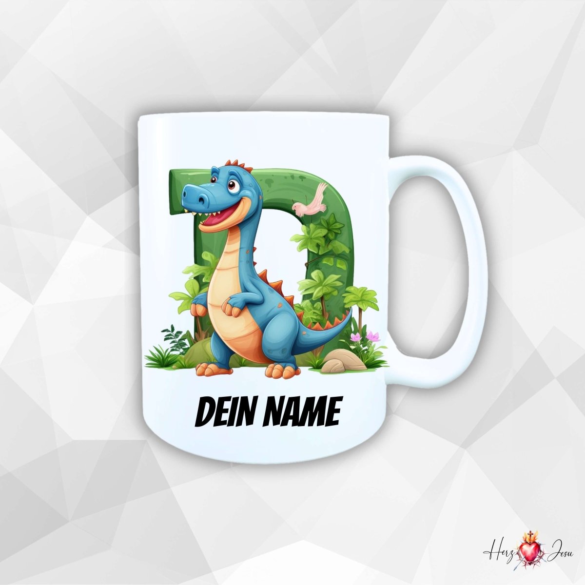 Personalisierte Keramik Tasse mit Namen – Dinosaurier Motiv | Geschenkidee für Kinder & Schulanfänger_0053T - Herz Jesu