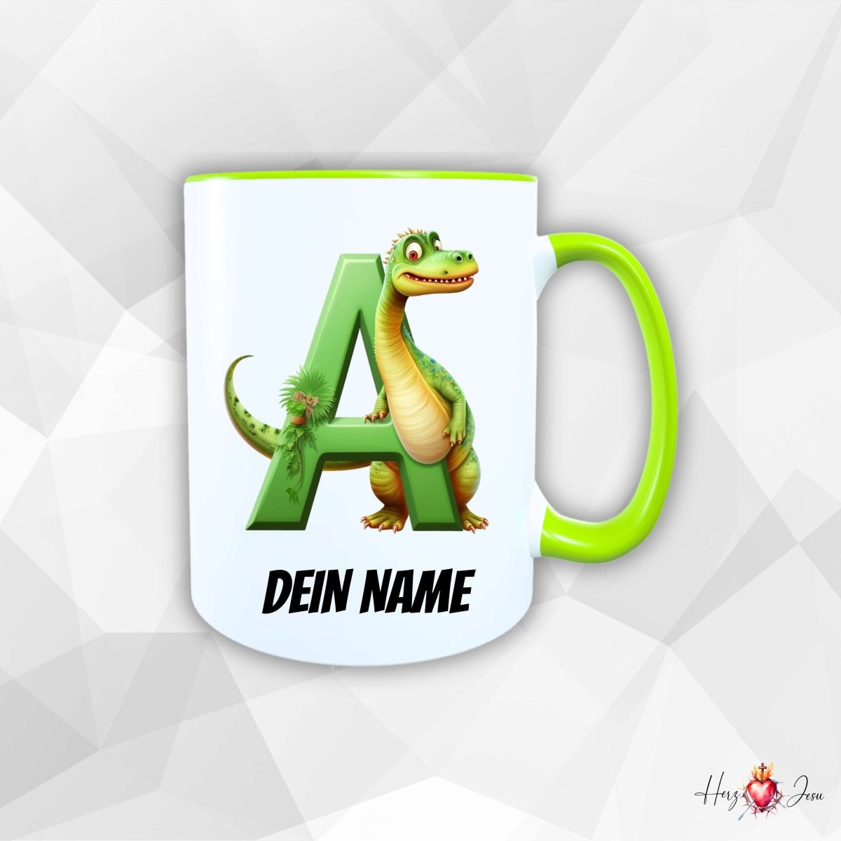 Personalisierte Keramik Tasse mit Namen – Dinosaurier Motiv | Geschenkidee für Kinder & Schulanfänger_0053T - Herz Jesu