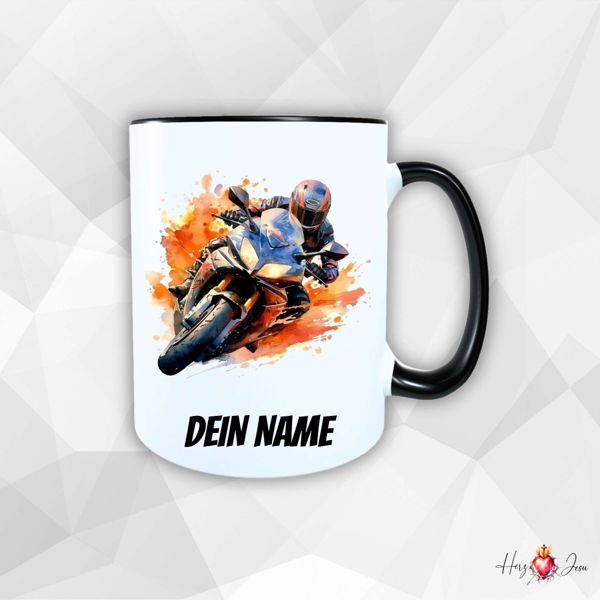 Personalisierte Keramik Tasse mit Namen – Motorrad Motiv | Geschenkidee für Kinder & Schulanfänger_0088T - Herz Jesu