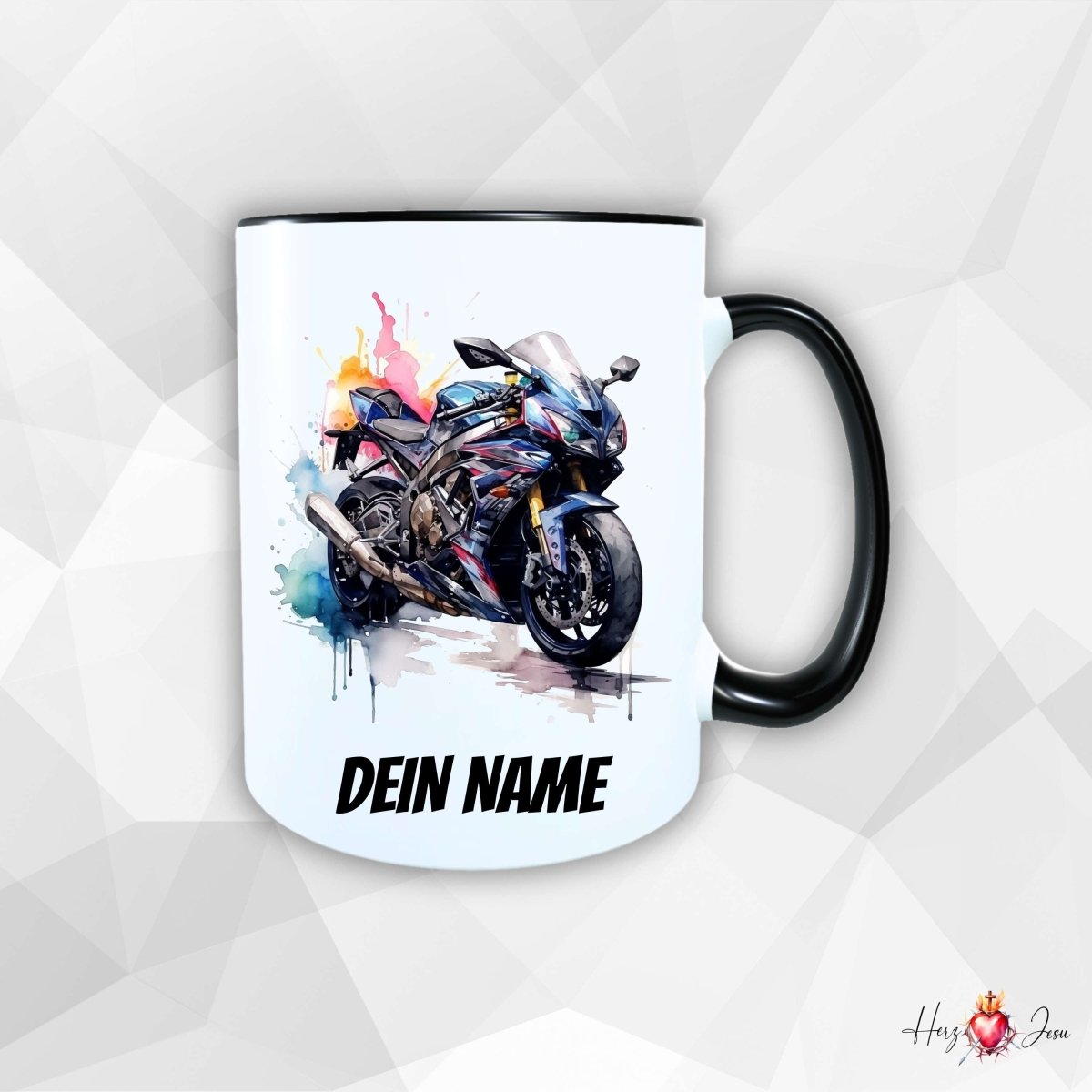Personalisierte Keramik Tasse mit Namen – Motorrad Motiv | Geschenkidee für Kinder & Schulanfänger_0088T - Herz Jesu