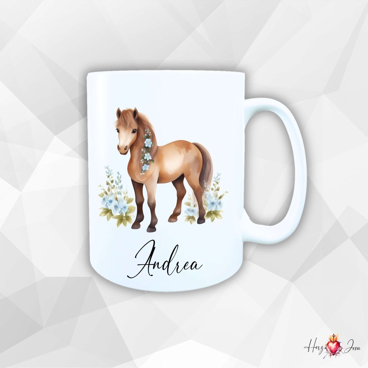 Personalisierte Keramik Tasse mit Namen – Pferde Motiv | Geschenkidee für Kinder & Schulanfänger_0054T - Herz Jesu