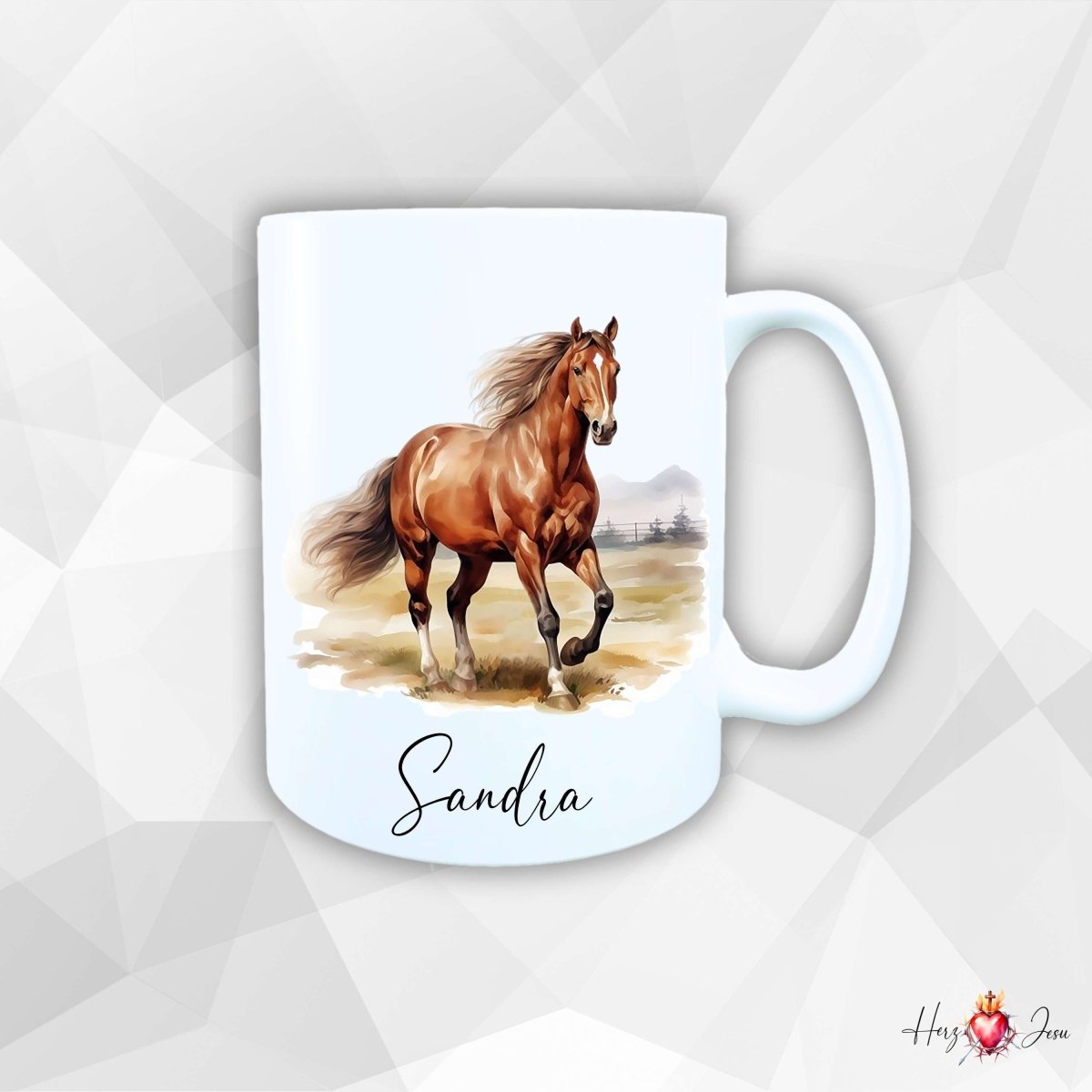 Personalisierte Keramik Tasse mit Namen – Pferde Motiv | Geschenkidee für Kinder & Schulanfänger_0064T - Herz Jesu