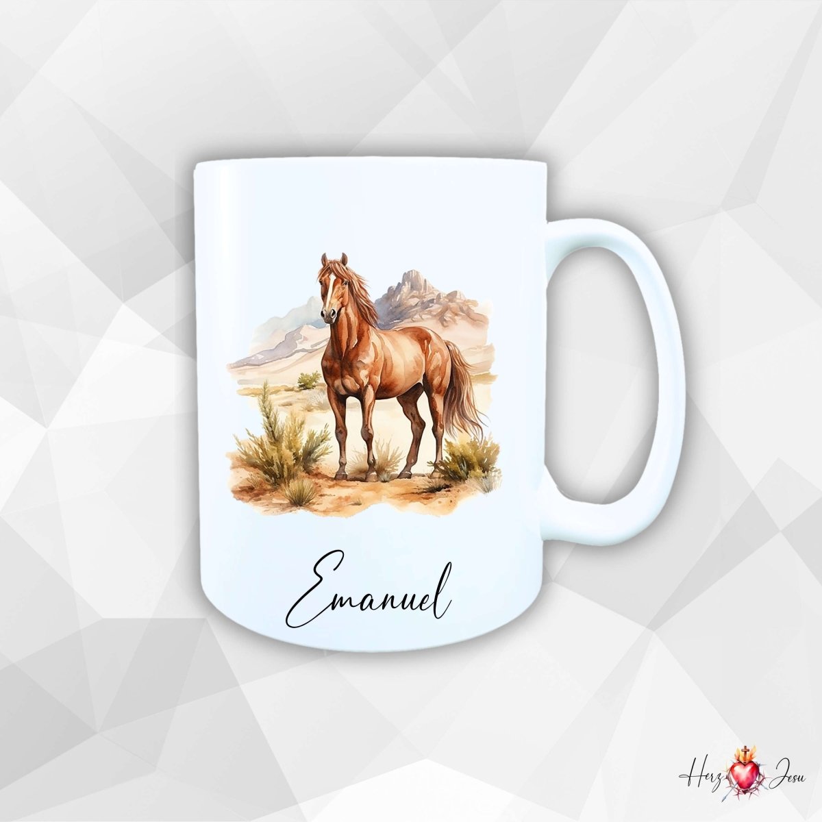 Personalisierte Keramik Tasse mit Namen – Pferde Motiv | Geschenkidee für Kinder & Schulanfänger_0064T - Herz Jesu