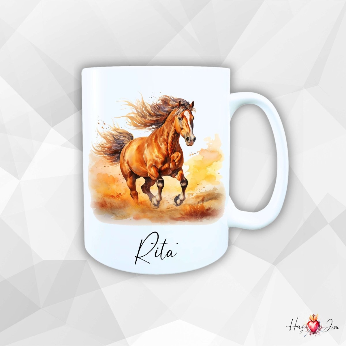 Personalisierte Keramik Tasse mit Namen – Pferde Motiv | Geschenkidee für Kinder & Schulanfänger_0064T - Herz Jesu