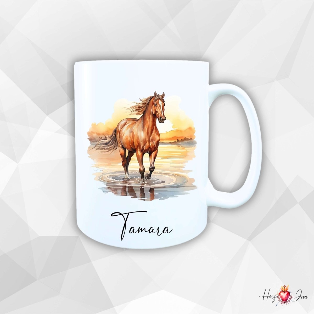 Personalisierte Keramik Tasse mit Namen – Pferde Motiv | Geschenkidee für Kinder & Schulanfänger_0064T - Herz Jesu