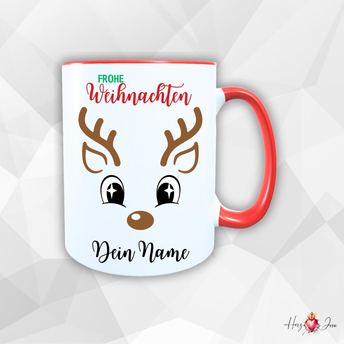 Personalisierte Keramik Weihnachtstasse mit deinem Namen Rentier Motiv_0055T - Herz Jesu