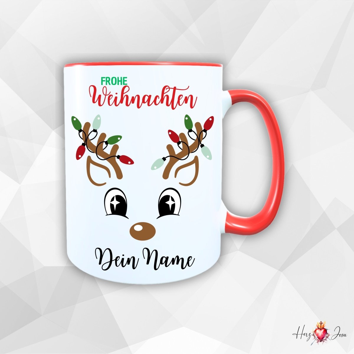 Personalisierte Keramik Weihnachtstasse mit deinem Namen Rentier Motiv_0055T - Herz Jesu