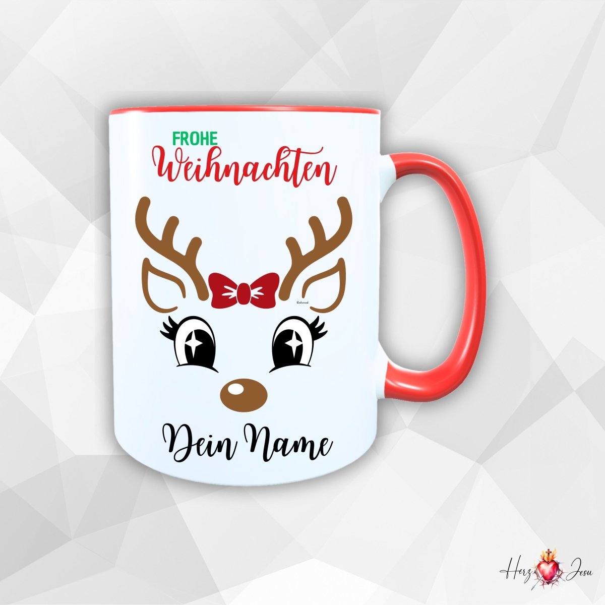 Personalisierte Keramik Weihnachtstasse mit deinem Namen Rentier Motiv_0055T - Herz Jesu