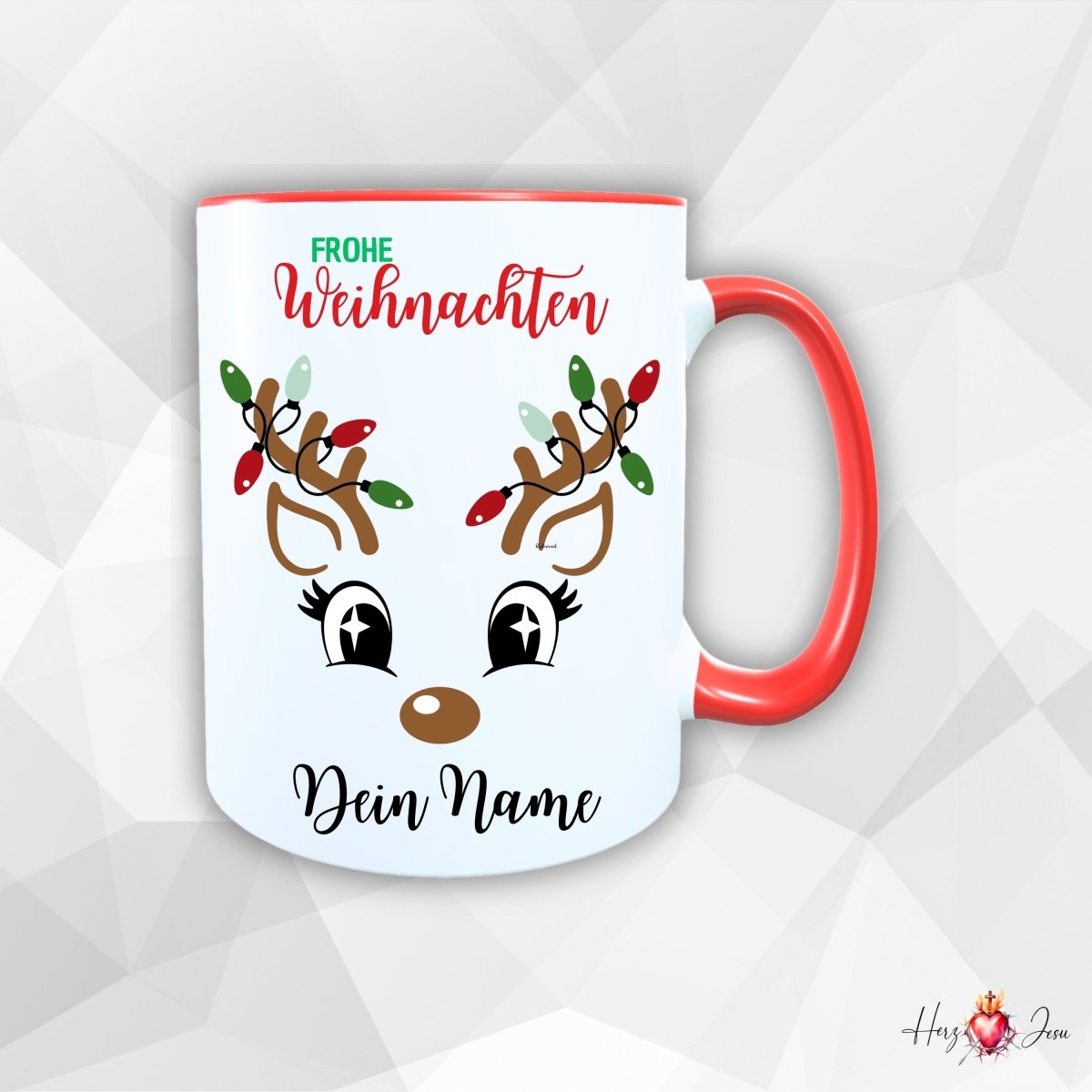 Personalisierte Keramik Weihnachtstasse mit deinem Namen Rentier Motiv_0055T - Herz Jesu