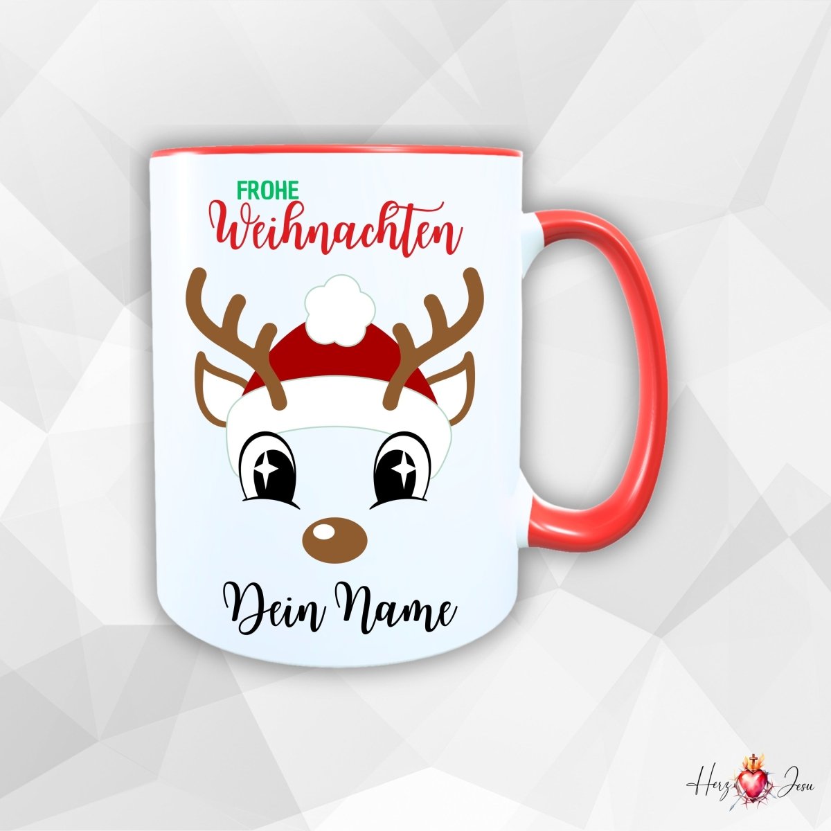 Personalisierte Keramik Weihnachtstasse mit deinem Namen Rentier Motiv_0055T - Herz Jesu
