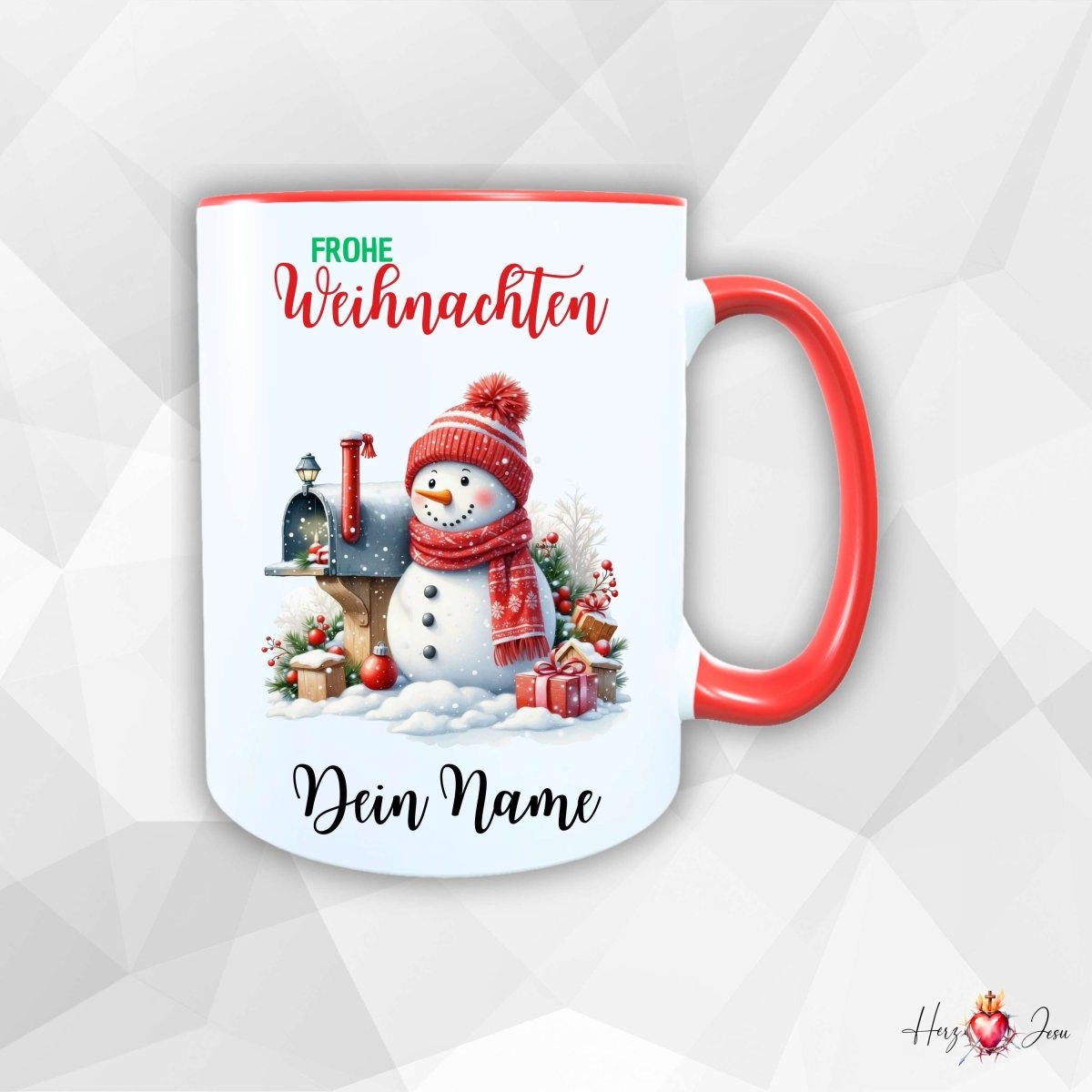 Personalisierte Keramik Weihnachtstasse mit deinem Namen Schneemann_0062T - Herz Jesu