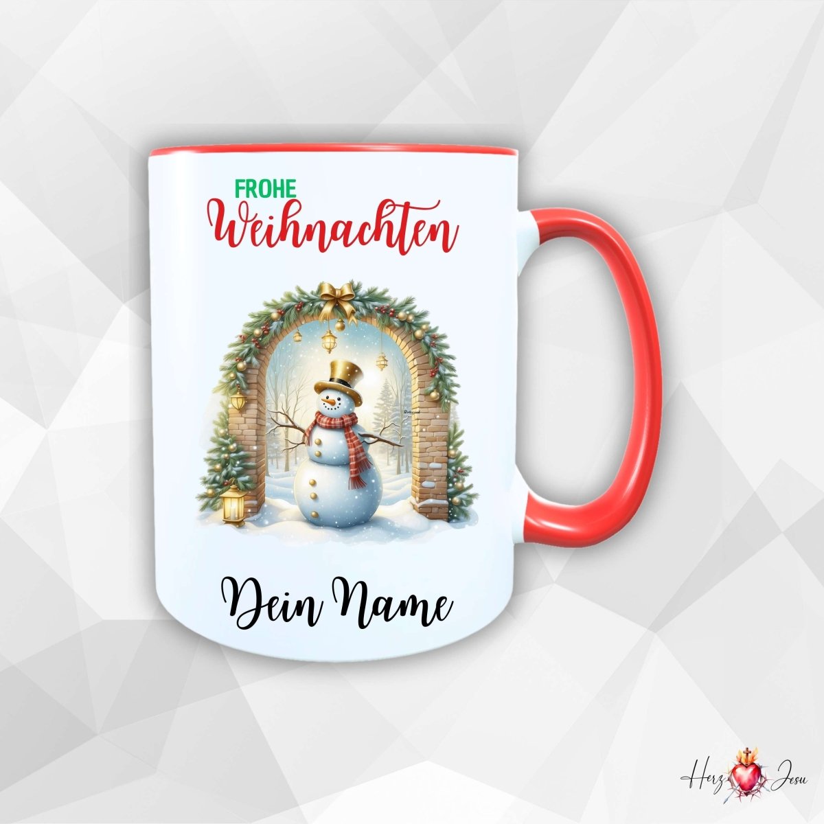 Personalisierte Keramik Weihnachtstasse mit deinem Namen Schneemann_0062T - Herz Jesu