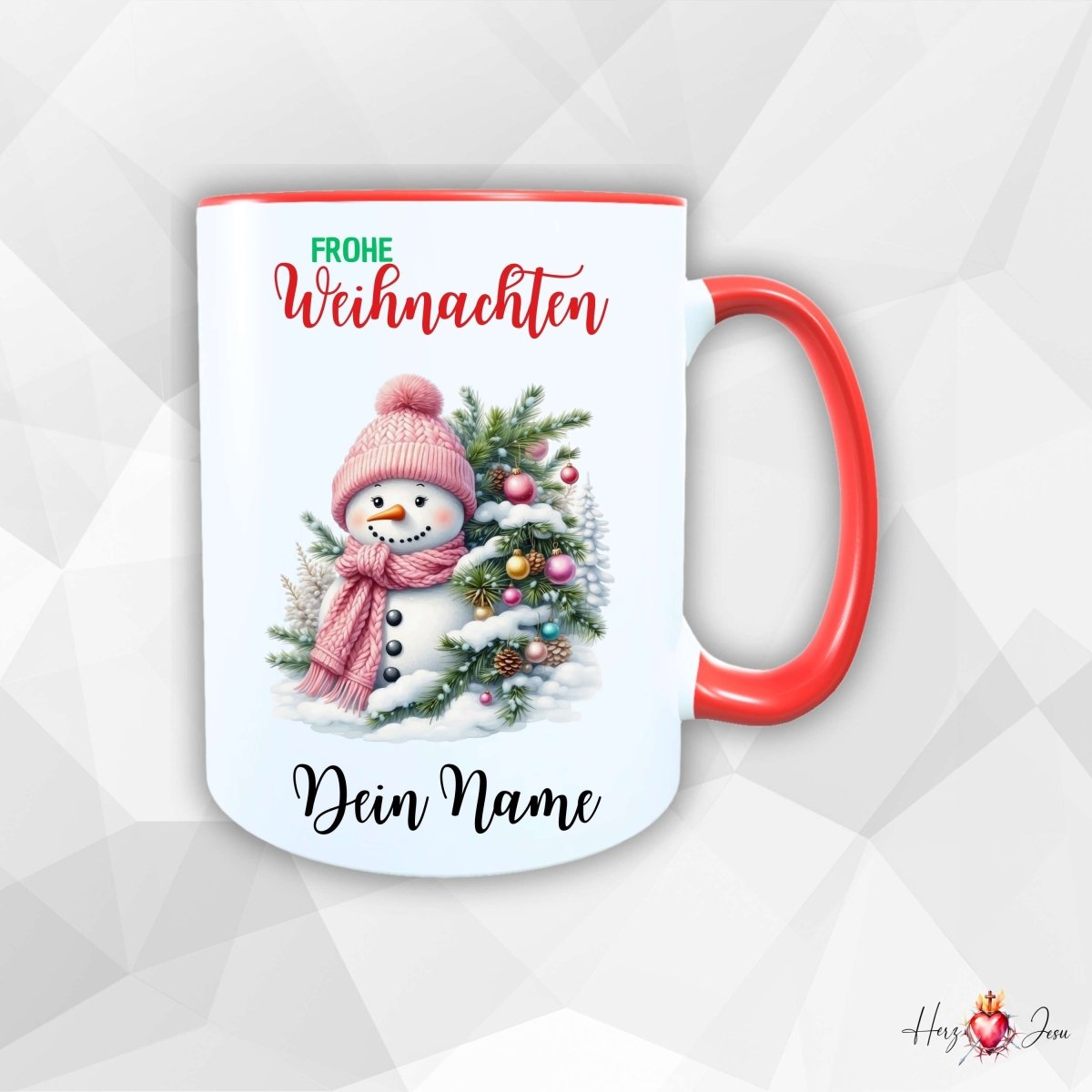 Personalisierte Keramik Weihnachtstasse mit deinem Namen Schneemann_0062T - Herz Jesu