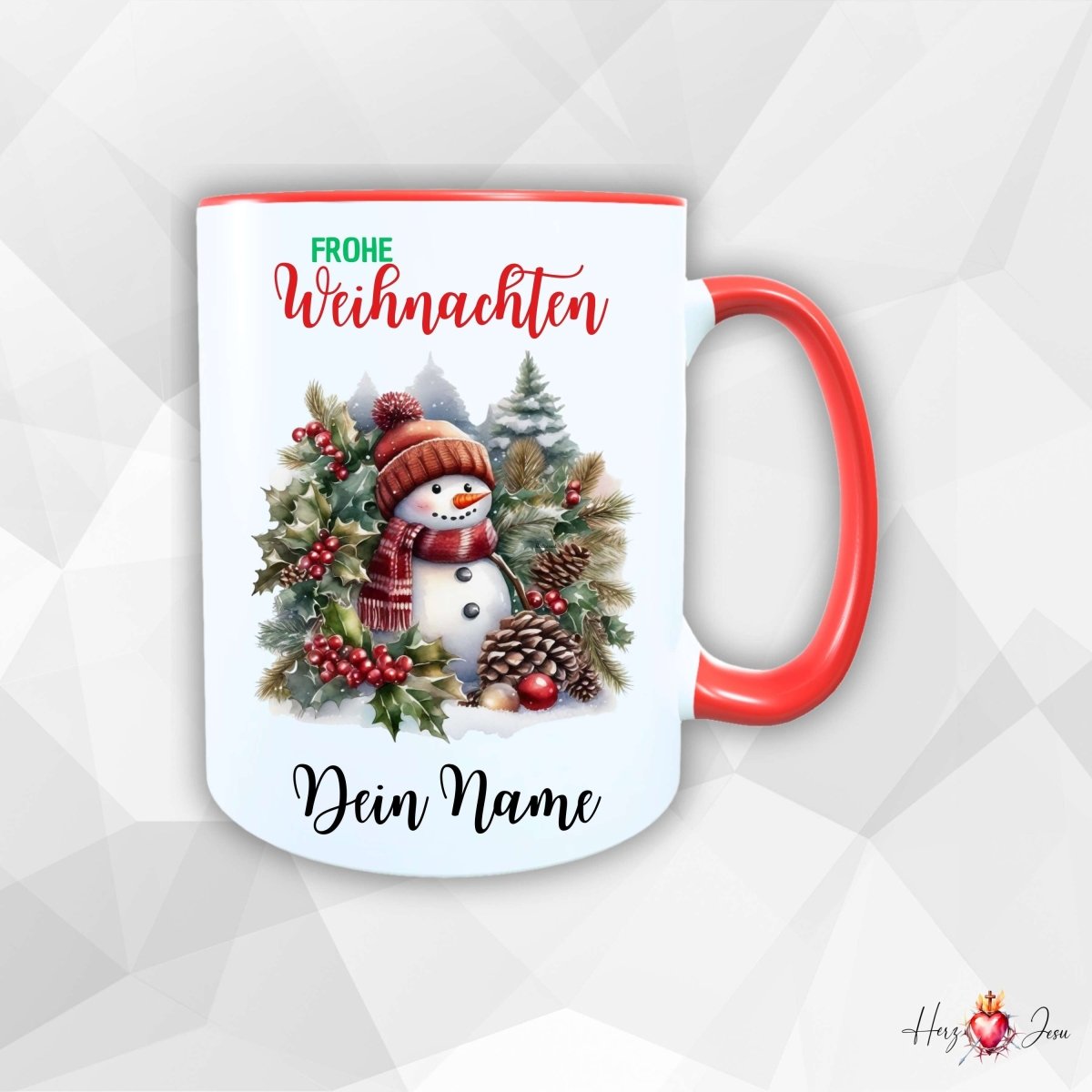 Personalisierte Keramik Weihnachtstasse mit deinem Namen Schneemann_0062T - Herz Jesu