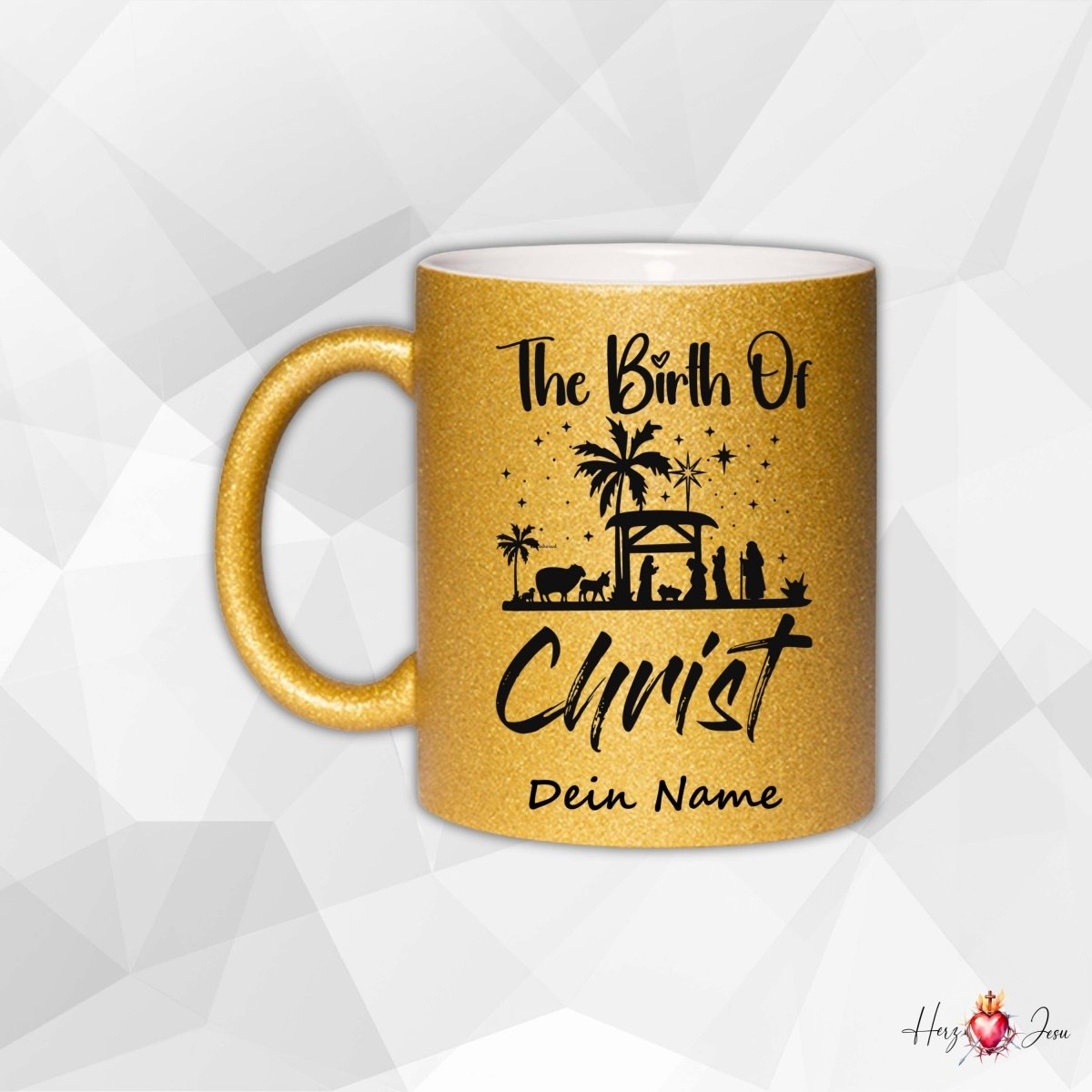 🎄 Personalisierte Keramik Weihnachtstasse mit Namen ✨ Glitzertasse – das perfekte Weihnachtsgeschenk_0052T - Herz Jesu