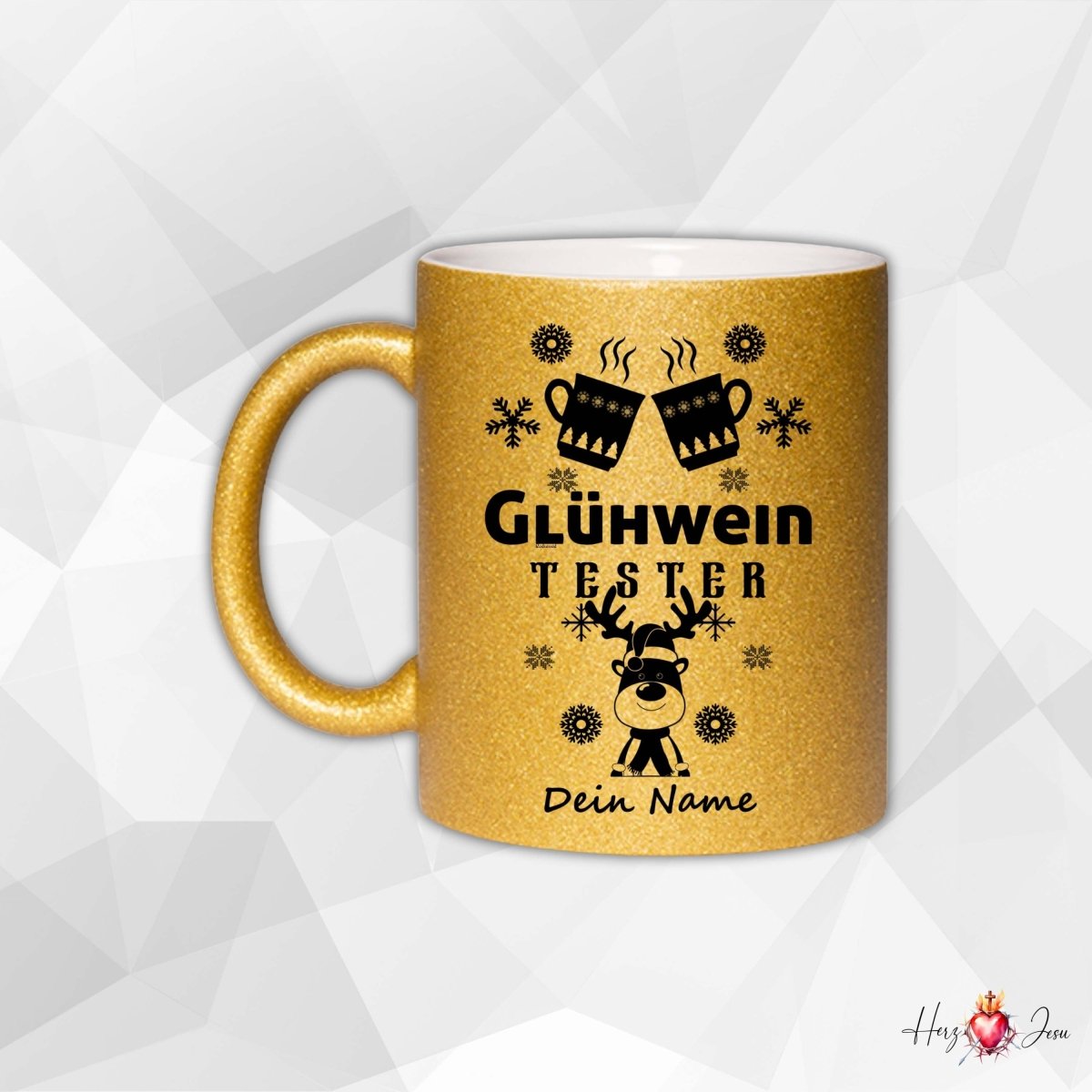 🎄 Personalisierte Keramik Weihnachtstasse mit Namen ✨ Glitzertasse – das perfekte Weihnachtsgeschenk_0052T - Herz Jesu