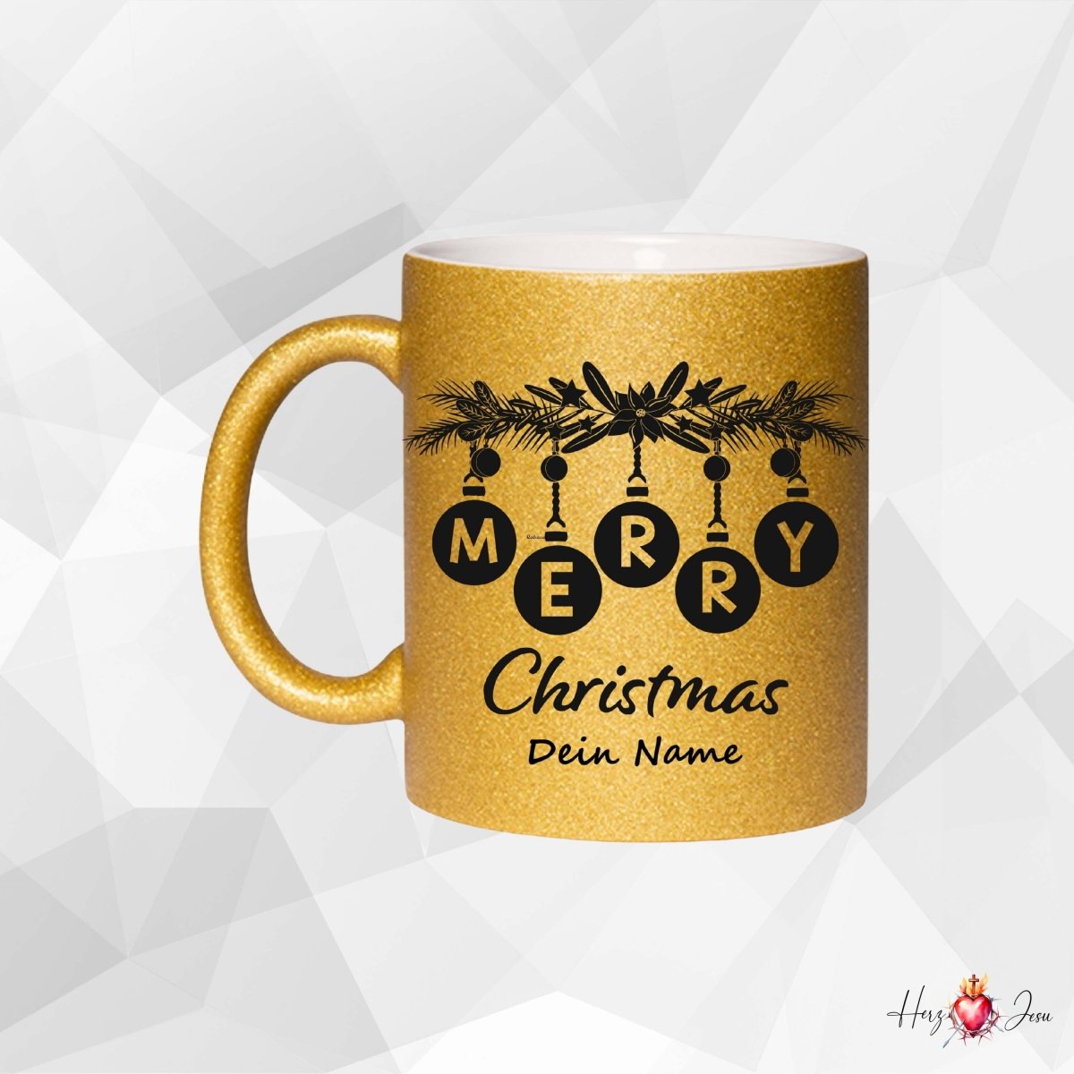🎄 Personalisierte Keramik Weihnachtstasse mit Namen ✨ Glitzertasse – das perfekte Weihnachtsgeschenk_0052T - Herz Jesu