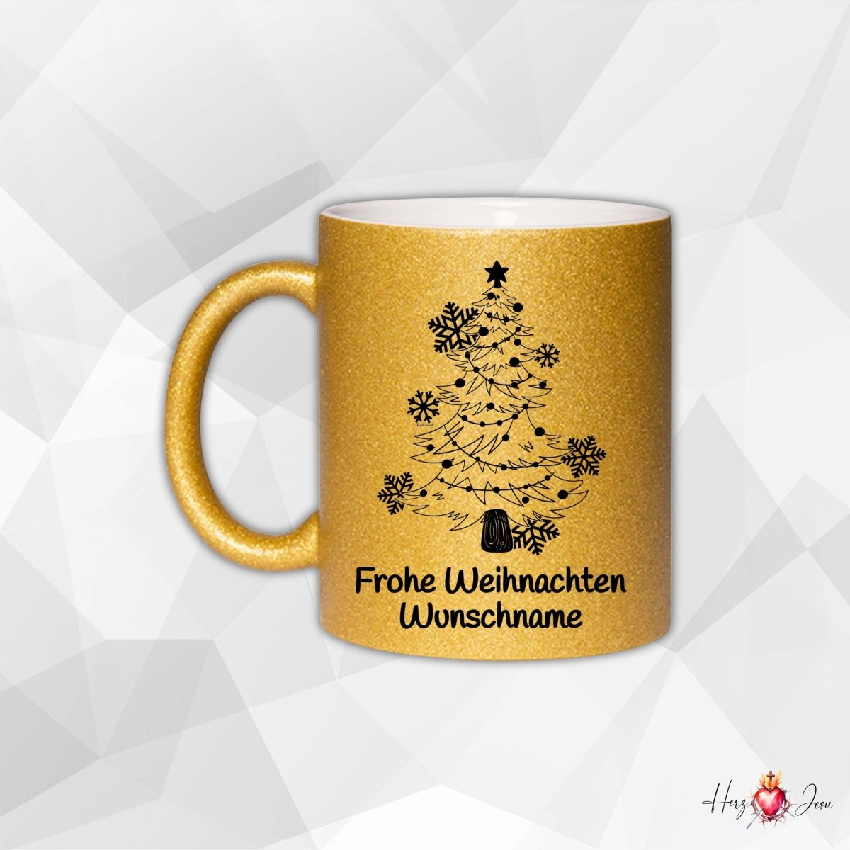 🎄 Personalisierte Keramik Weihnachtstasse mit Namen ✨ Glitzertasse – das perfekte Weihnachtsgeschenk_0052T - Herz Jesu