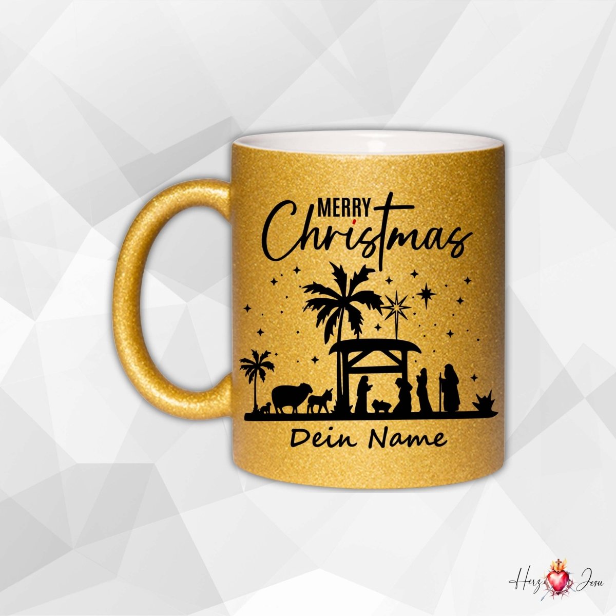 🎄 Personalisierte Keramik Weihnachtstasse mit Namen ✨ Glitzertasse – das perfekte Weihnachtsgeschenk_0052T - Herz Jesu