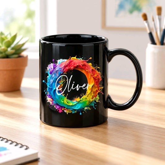 Personalisierte schwarze Keramik Tasse mit deinem Namen Regenbogen_0009T - Herz Jesu