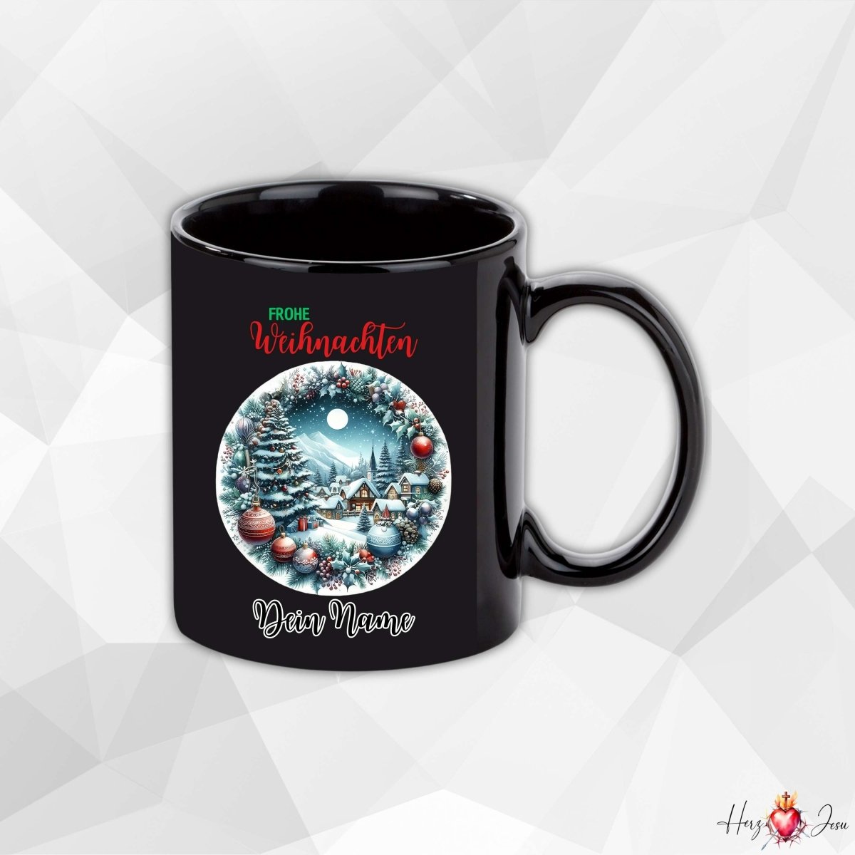 Personalisierte schwarze Keramik Weihnachtstasse mit deinem Namen Weihnachtsgeschenk_0093T - Herz Jesu