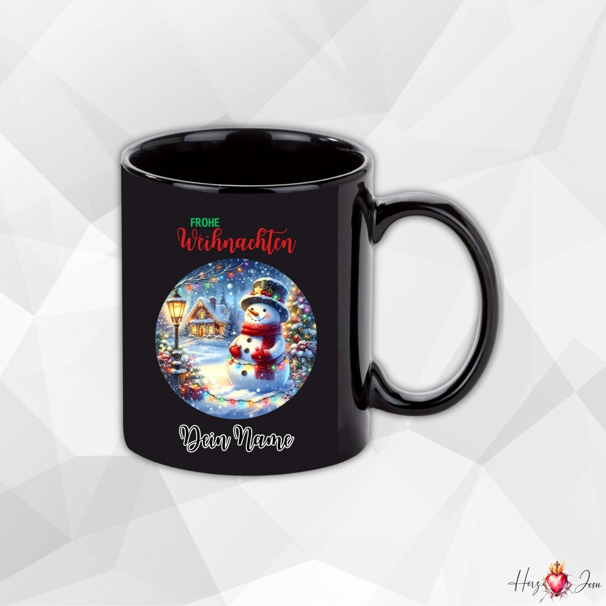 Personalisierte schwarze Keramik Weihnachtstasse mit deinem Namen Weihnachtsgeschenk_0093T - Herz Jesu