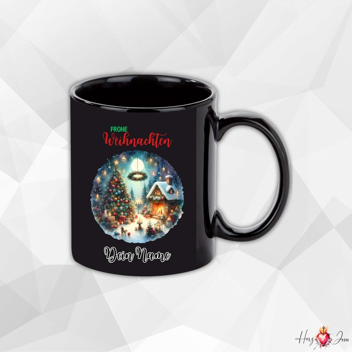 Personalisierte schwarze Keramik Weihnachtstasse mit deinem Namen Weihnachtsgeschenk_0093T - Herz Jesu