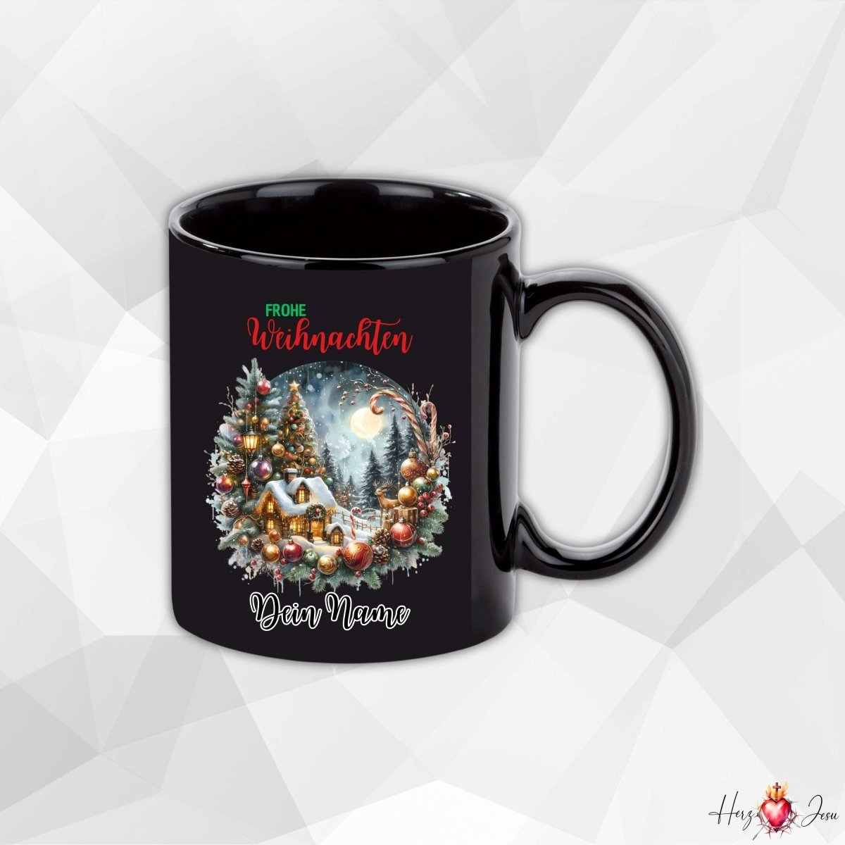 Personalisierte schwarze Keramik Weihnachtstasse mit deinem Namen Weihnachtsgeschenk_0094T - Herz Jesu