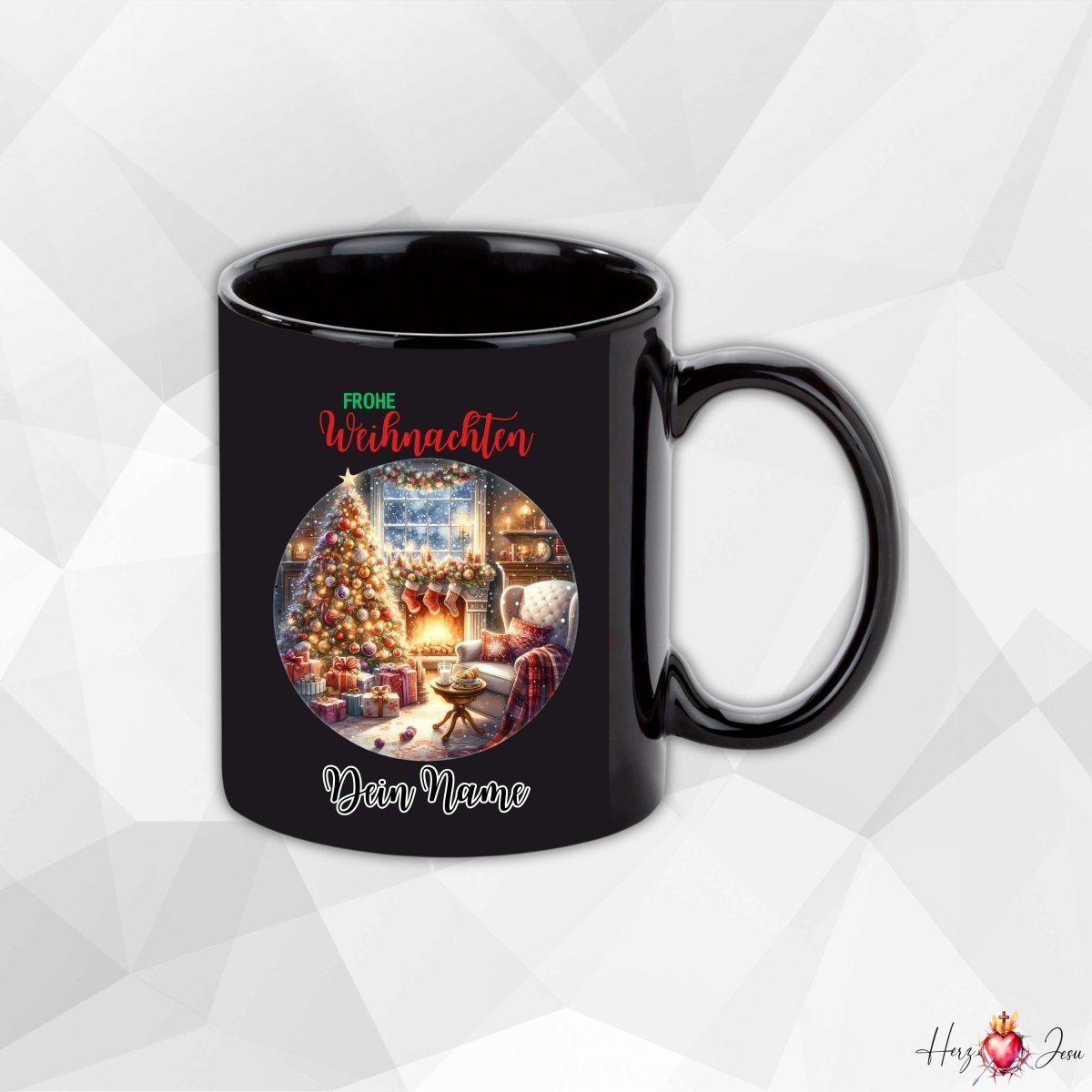 Personalisierte schwarze Keramik Weihnachtstasse mit deinem Namen Weihnachtsgeschenk_0094T - Herz Jesu