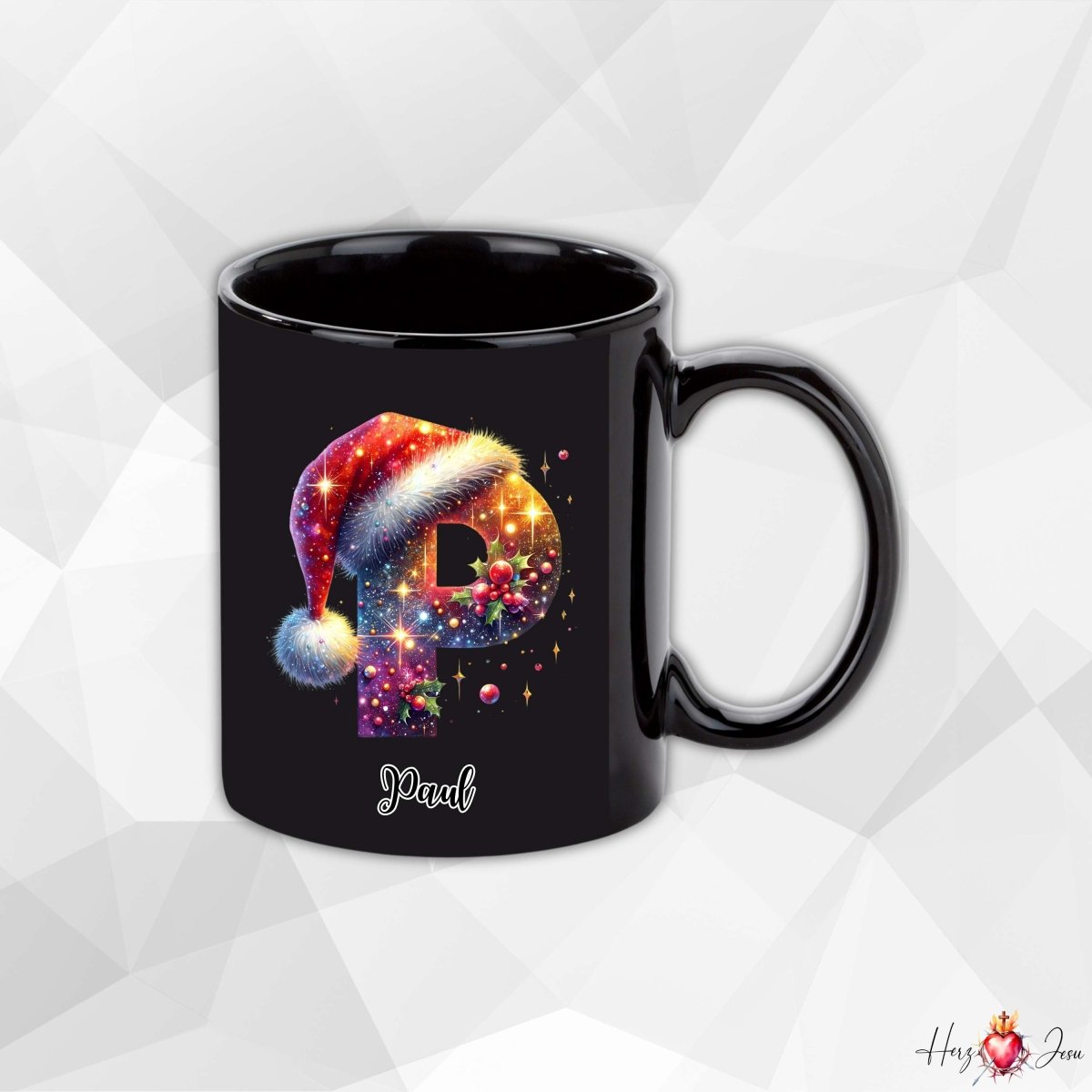 Personalisierte schwarze Keramik Weihnachtstasse mit deinem Namen Weihnachtsgeschenk_0095T - Herz Jesu